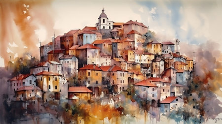 Vintage aquarelle painting of old city, hand drawn & artisticの素材