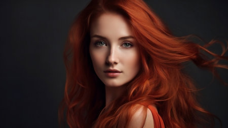 Digital painting beautiful woman with long red hairs, people, portraitsの素材