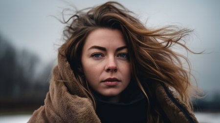 Digital painting beautiful girl on a cold windy day, people, portraitsの素材
