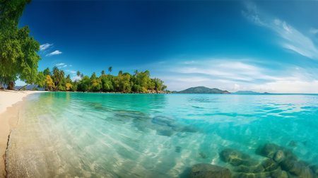 Beach panorama with blue water and palm trees, nature, sea & oceanの素材