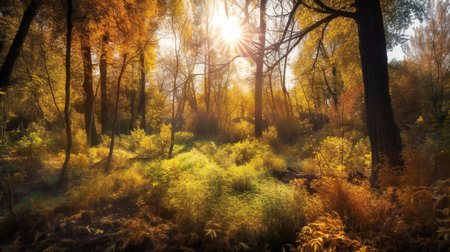 Autumn forest in bright sunlight, scenery background, nature, forestsの素材