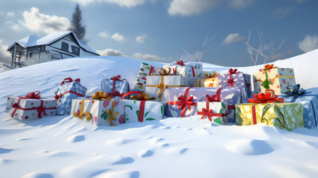 Festively wrapped presents in the snow pile, holidays, christmasの素材