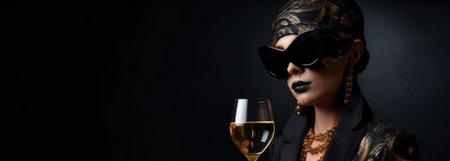 Digital painting elegant lady portrait on black dressed , people, expressionsの素材