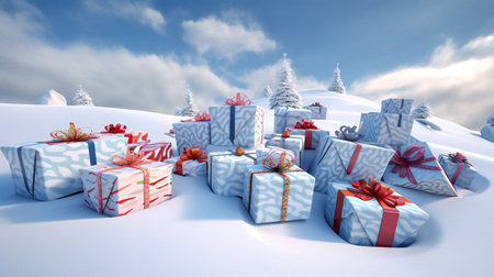 Festively wrapped presents in the snow pile, holidays, christmasの素材