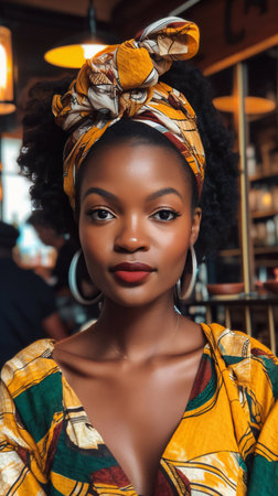 Digital painting african model taking selfie in cafe, people, portraitsの素材