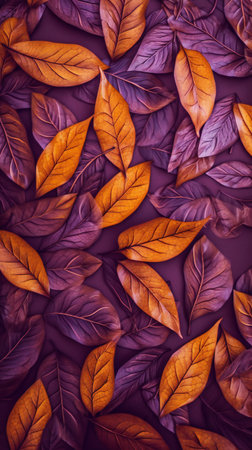 Orange metallic leaves on violet background, nature, plants and treesの素材