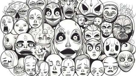 Scary faces coloring pages horror theme graphic, hand drawn & artisticの素材