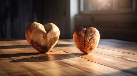 Two wooden hearts on rustic table with sunlight, abstract, loveの素材