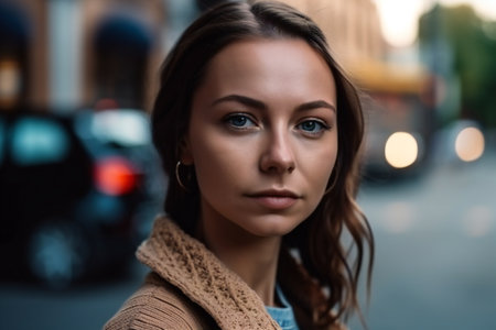 Digital painting young woman in city, people, portraitsの素材