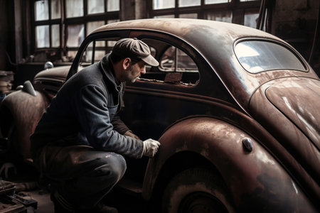 Digital painting man working on an old car, people, menの素材