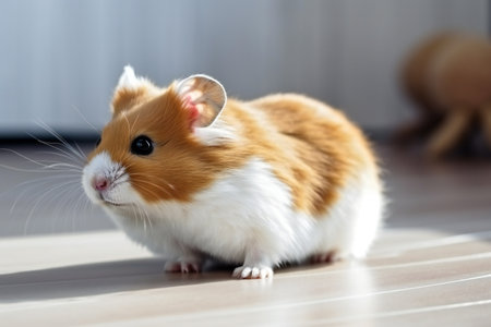 Ginger and white hamster explores living room indoors, animals, petsの素材