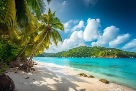 Sunny tropical beach with palm trees, nature, sea & oceanの素材