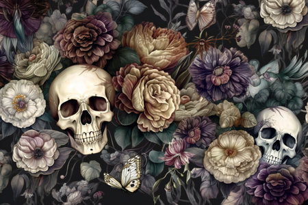 Vintage floral seamless wallpaper with skulls peonies, hand drawn & artisticの素材