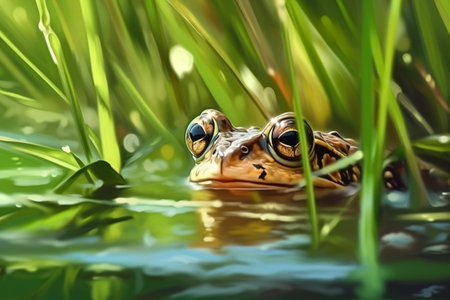 Frog peeking out impressionism art style high quality, animals, wildlifeの素材