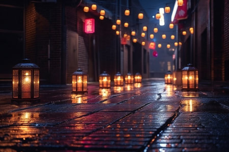 Old brick wall decorated with night lantern, arts & architecture, outdoorの素材
