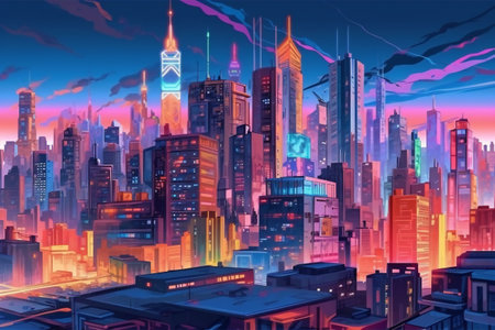 Spectacular night time in city, scenery background, technology, retroの素材