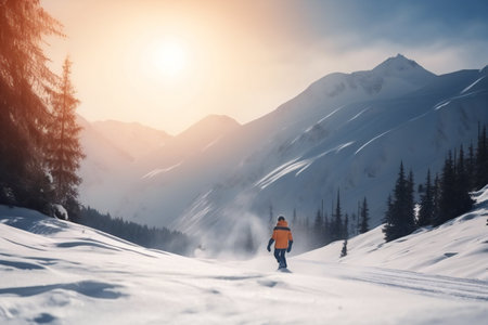 Woman snowboarding in mountains high quality, travel, destination scenicsの素材