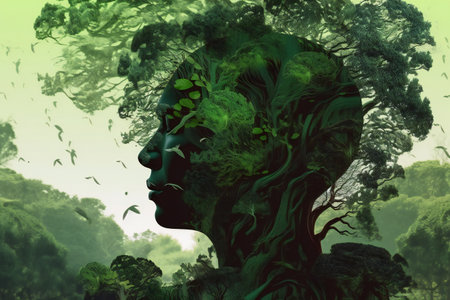 Relaxing mind double exposure calm green nature, nature, forestsの素材