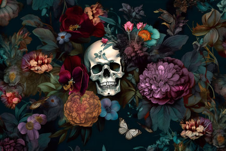 Vintage floral seamless wallpaper with skulls peonies, hand drawn & artisticの素材