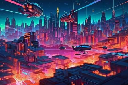 Spectacular night time in city, landscape background, technology, retroの素材