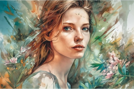 Digital painting natural beauty of charming young model, hand drawn & artisticの素材