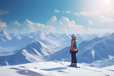 Woman snowboarding in mountains high quality, travel, destination scenicsの素材