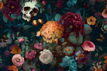 Vintage floral seamless wallpaper with skulls peonies, hand drawn & artisticの素材