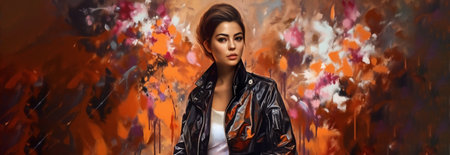 Digital painting young woman in leather jacket, people, portraitsの素材