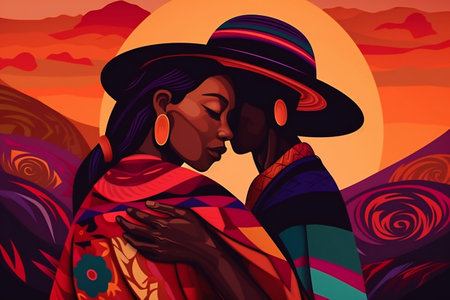 Digital painting crop woman embracing ethnic man, people, diversityの素材