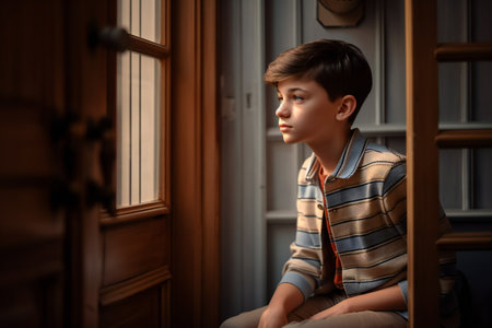 Digital painting boy leaning on door at home, people, childrenの素材