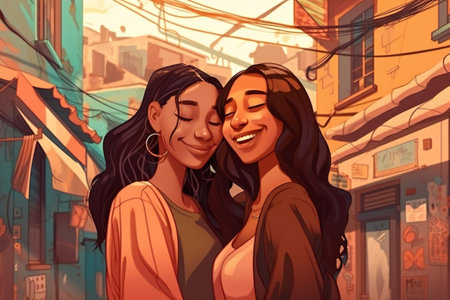 Digital painting multiracial girls laughing together, abstract, loveの素材