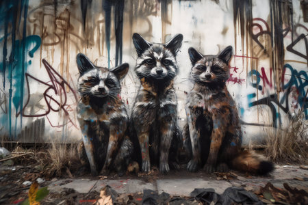 Three raccoons in art style high quality, hand drawn & artisticの素材