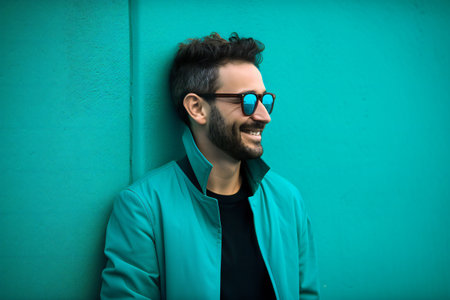 Digital painting happy man in front turquoise wall, people, portraitsの素材