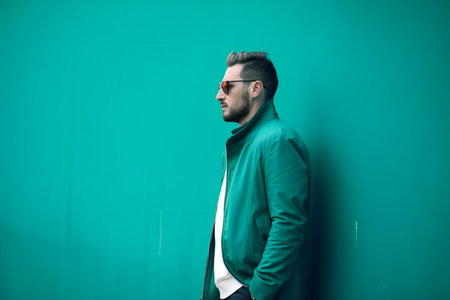 Digital painting happy man in front turquoise wall, people, portraitsの素材