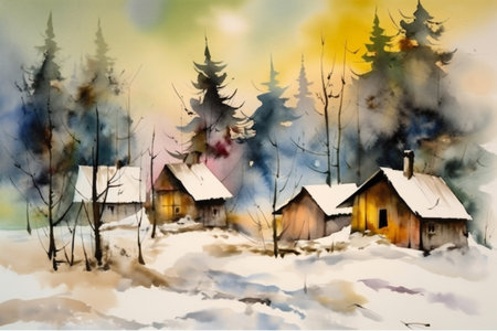 Winter village landscape with wooden houses. Watercolor painting on canvas.の素材