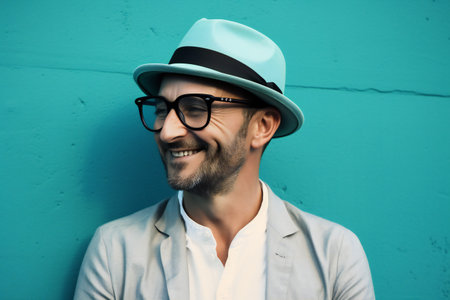 Digital painting happy man in front turquoise wall, people, portraitsの素材