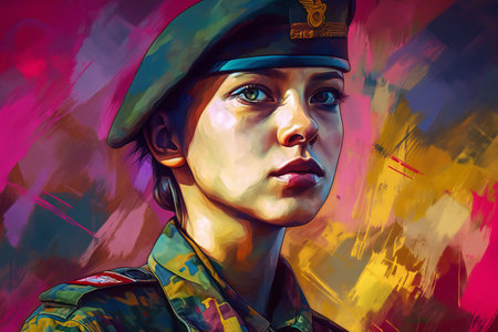 Digital painting portrait of a female soldier in a military uniform on a colorful background.の素材