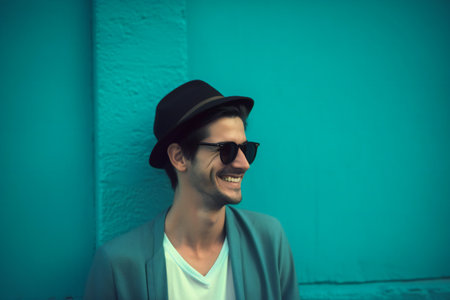 Digital painting happy man in front turquoise wall, people, portraitsの素材