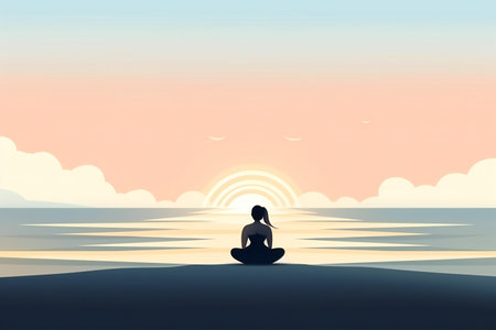Plus size girl practicing yoga in front  the ocean, abstract, religionの素材