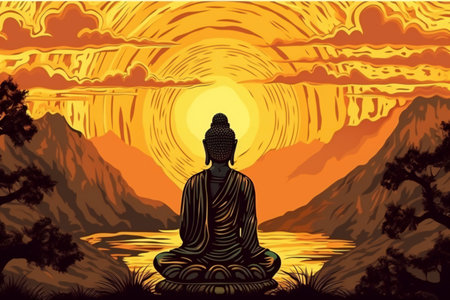 Buddha and sunset fresco art style, abstract, religionの素材