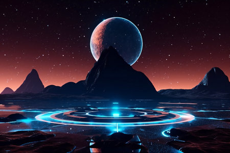 Fantasy landscape with planet, moon and stars. 3d renderingの素材