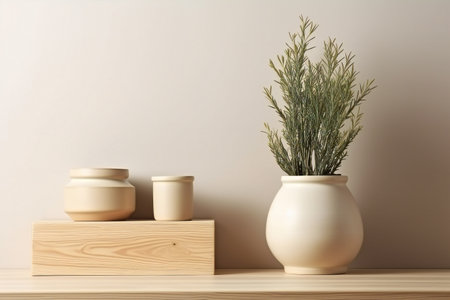 Cream color wall mock up with vase and green plant, arts & architecture, indoorの素材