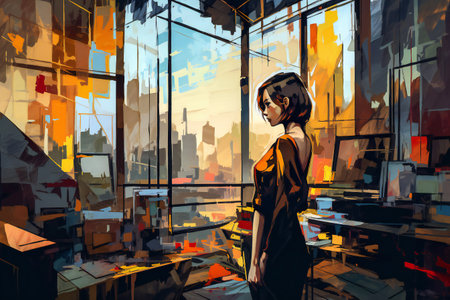 Confident female architect standing in office, hand drawn & artisticの素材