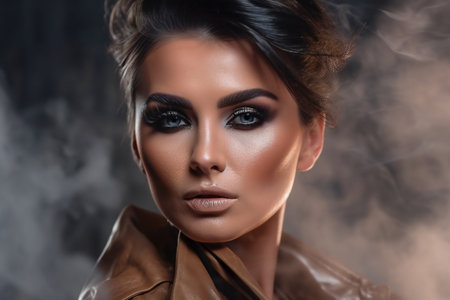 Portrait of a beautiful woman with evening make-up and brown leather jacketの素材