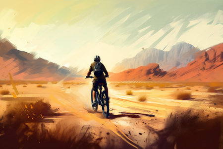Mountain bike rider on the road in the desert. Digital paintingの素材