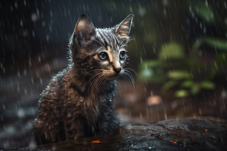 Sad poor kitten in the rain, abstract background, animals, petsの素材