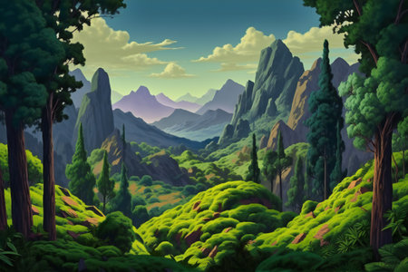 Beautiful painting of mountains and hills surrounded, nature, mountainsの素材