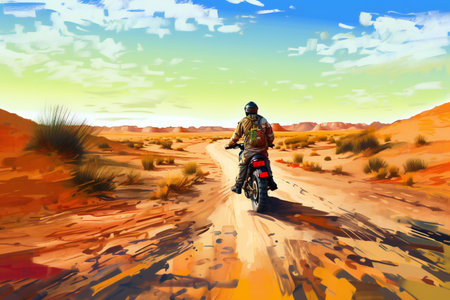 Motorcyclist in the middle of the desert. Digital painting.の素材