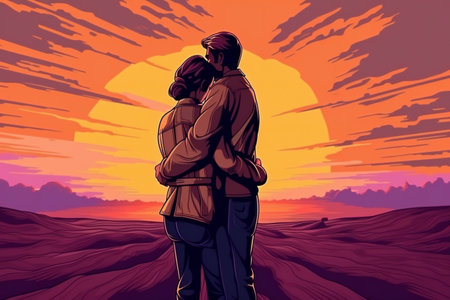 Digital painting handsome man hugging his girlfriend, abstract, loveの素材