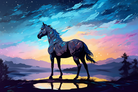 The magic horse standing alone in colorful night, animals, wildlifeの素材